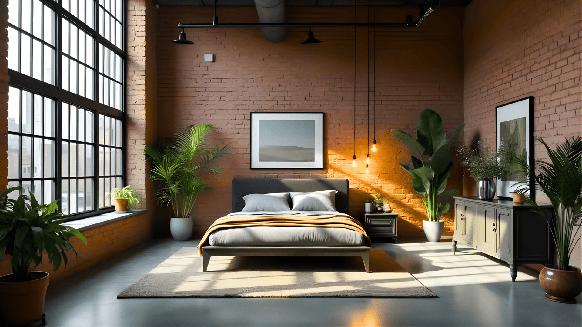 Urban loft bedroom with brick walls, large windows, plants, pendant lights and modern bed styled for mens room decor
