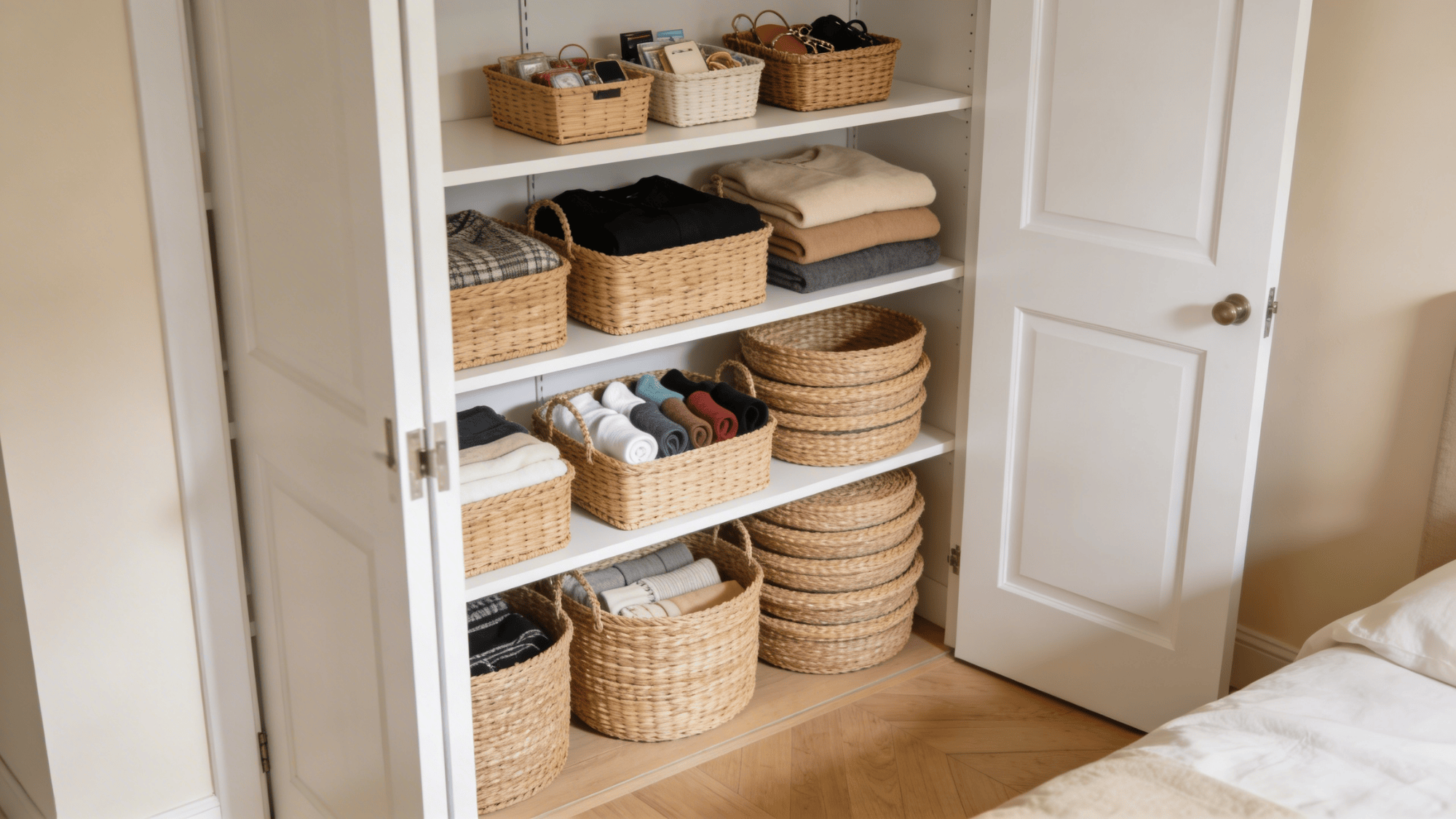 use closet baskets to organize clothes neatly and keep bedroom storage clean and easy to manage