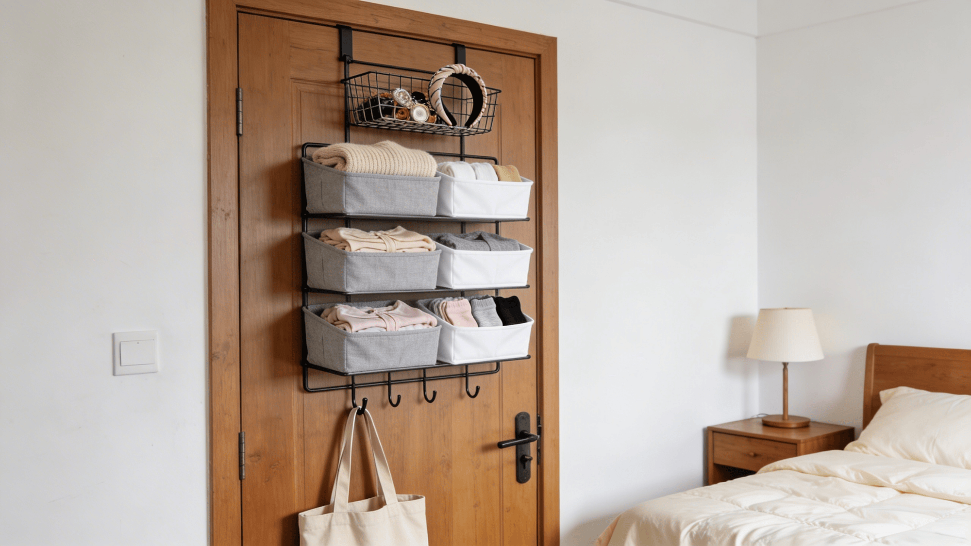 use door mounted storage racks to organize clothes and accessories and save space in bedroom