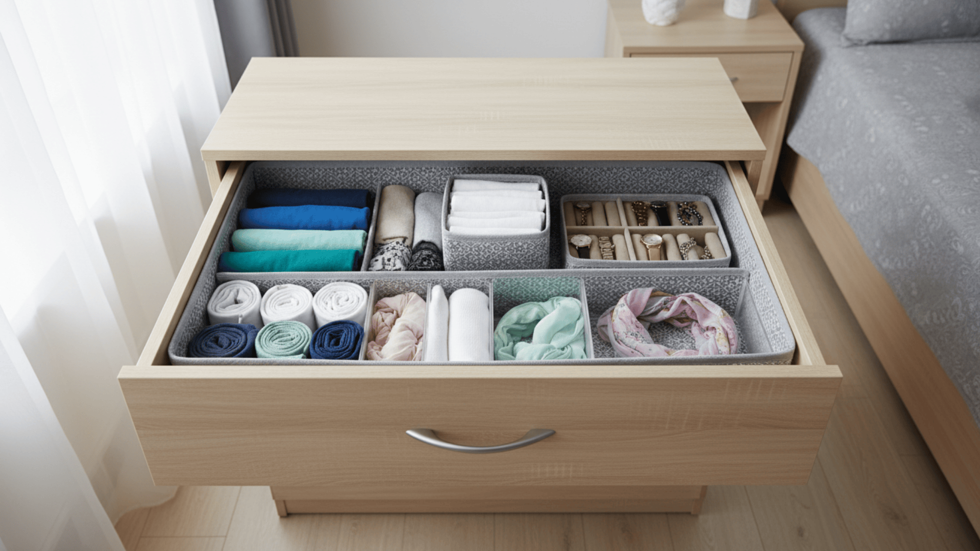use drawer liners with sections to keep clothes and accessories neat and organized in bedroom