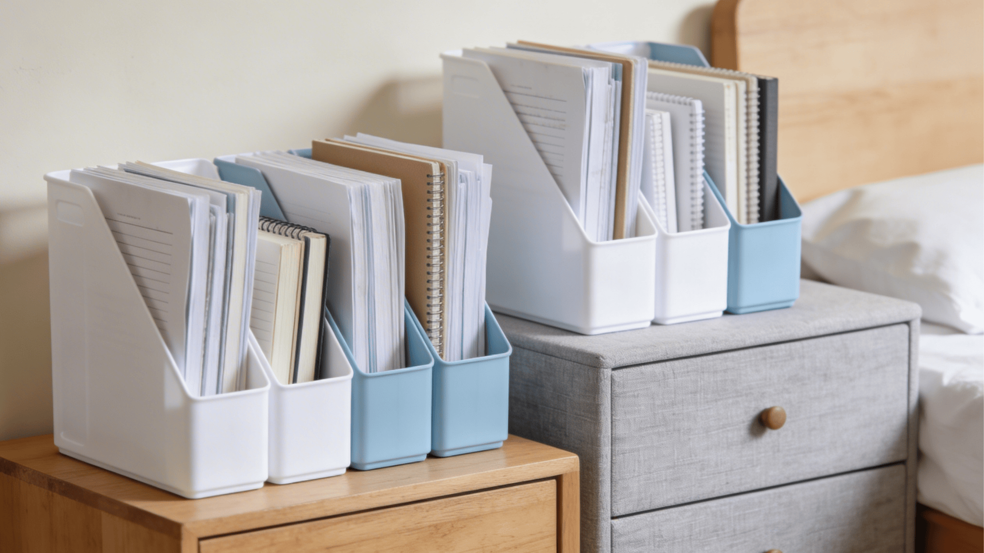 use file holders to sort papers and keep bedroom desk area neat organized and clutter free