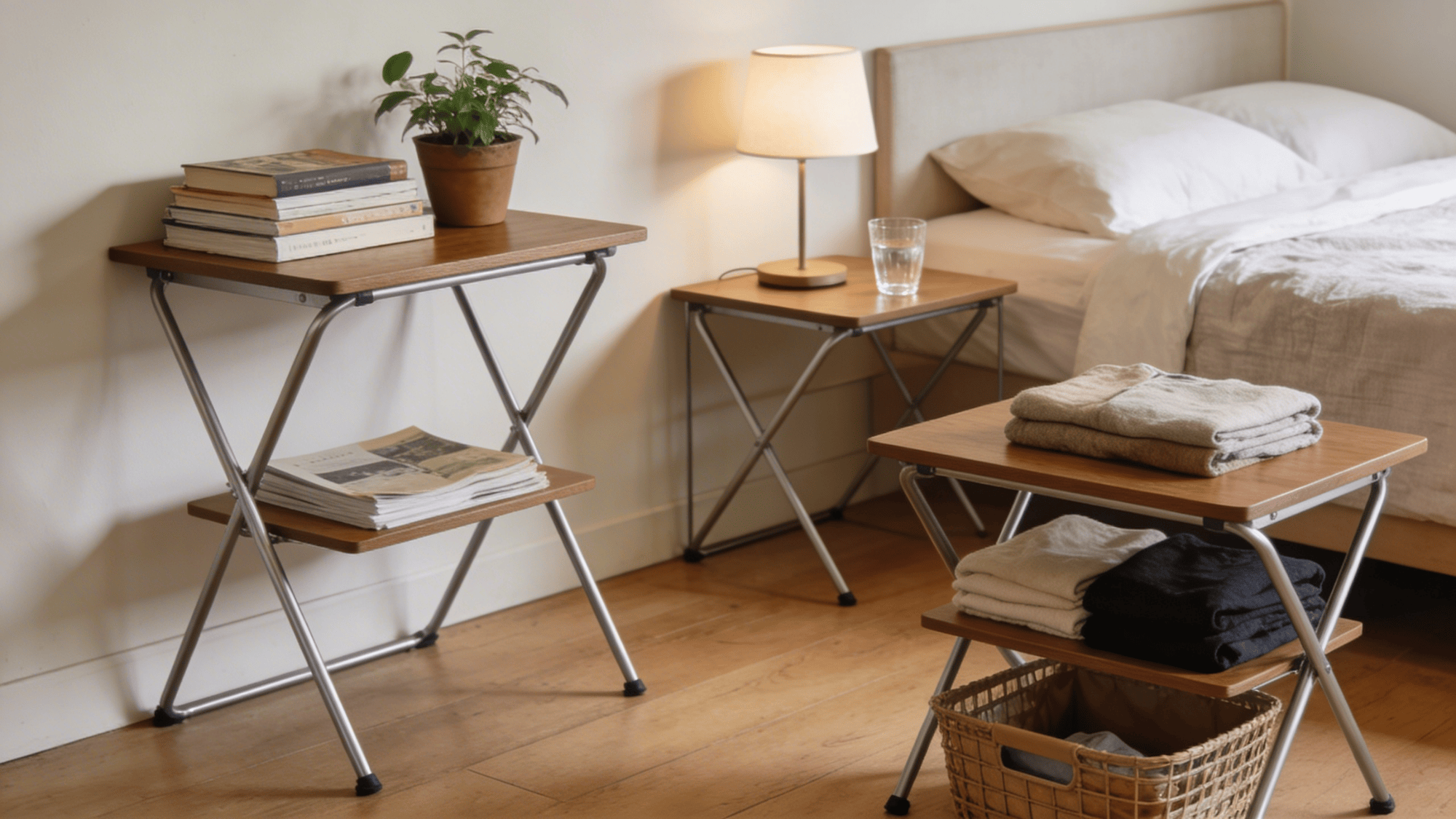 use folding tables for bedroom organization to save space and keep items neat and easy to move