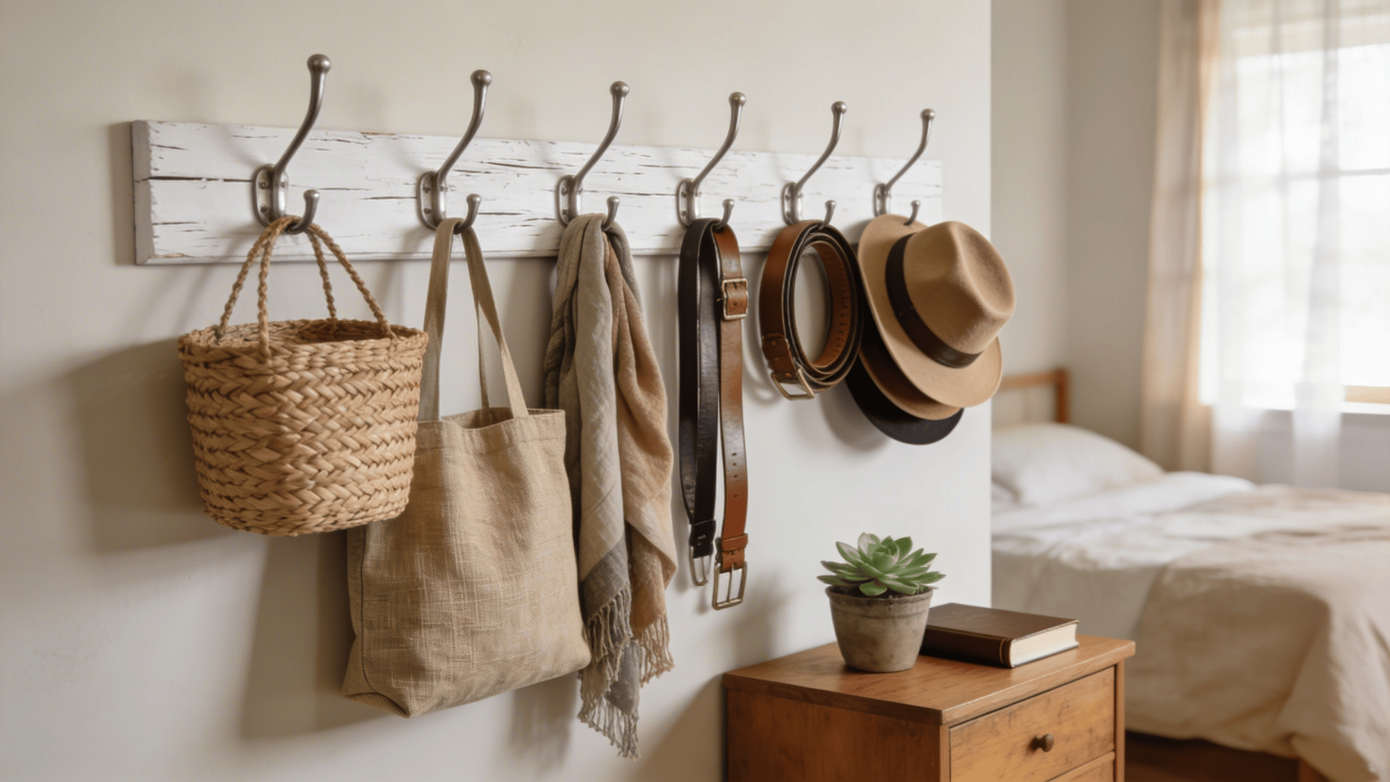 use hooks for accessories to keep bags belts and hats organized and easy to access in bedroom