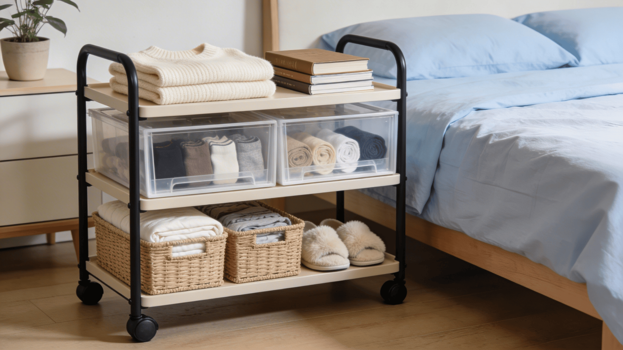 use rolling storage carts to keep clothes and essentials organized and move items easily in bedroom