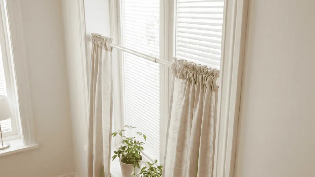 hung on a tension rod fitted inside a window frame with blinds