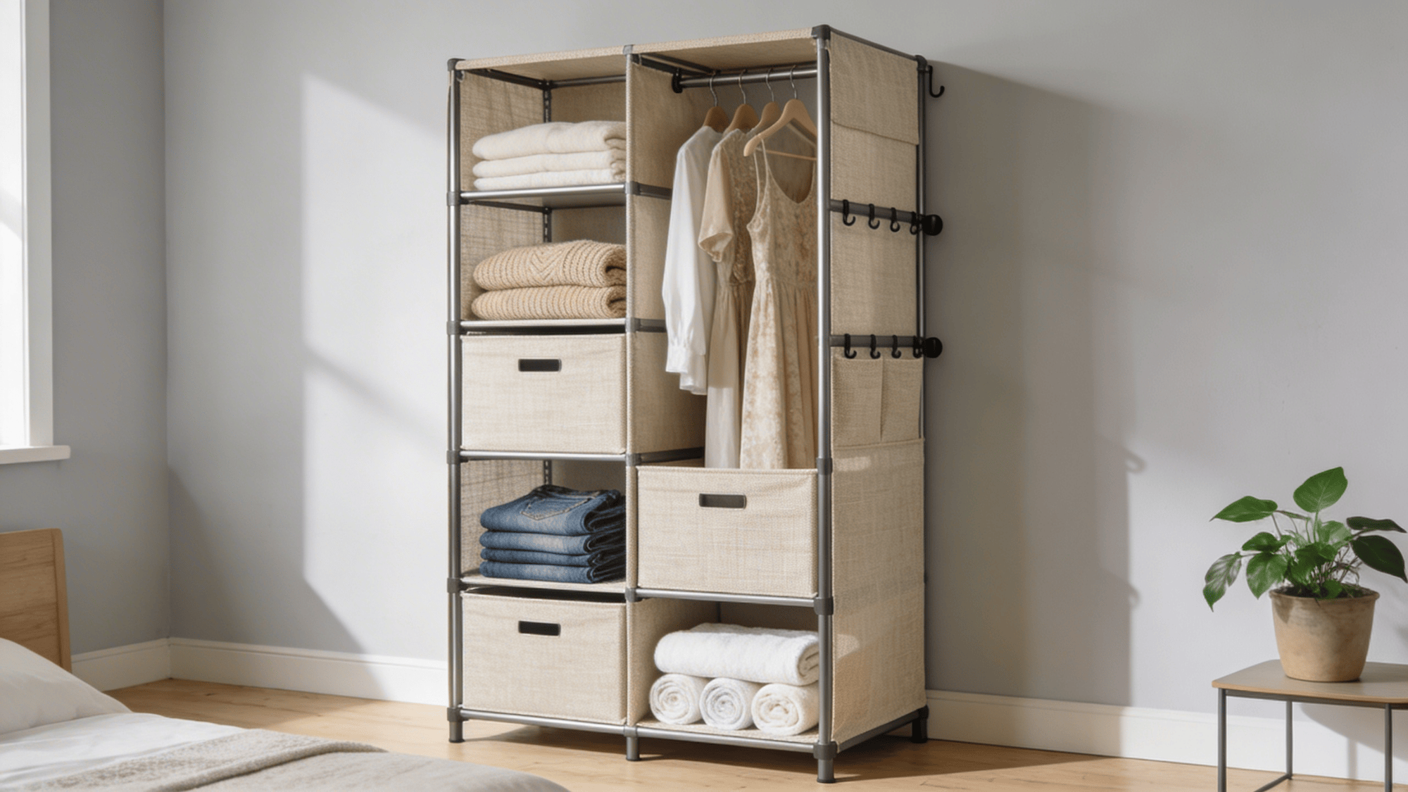 use vertical wardrobe organizers to store clothes neatly and save space in bedroom storage units