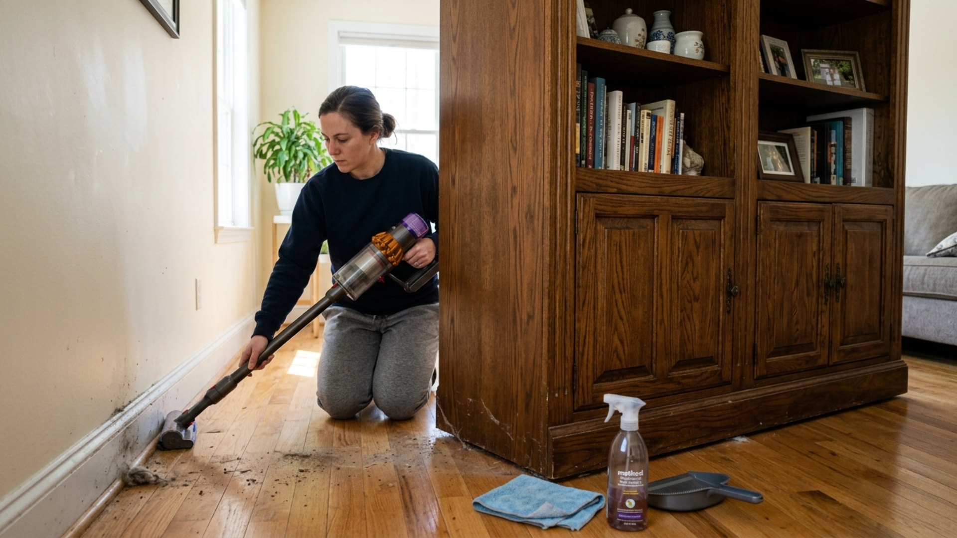 vacuuming floor corners during deep house cleaning routine