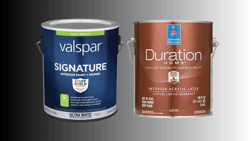 valspar signature and sherwin williams duration paint cans side by side showing interior paint comparison