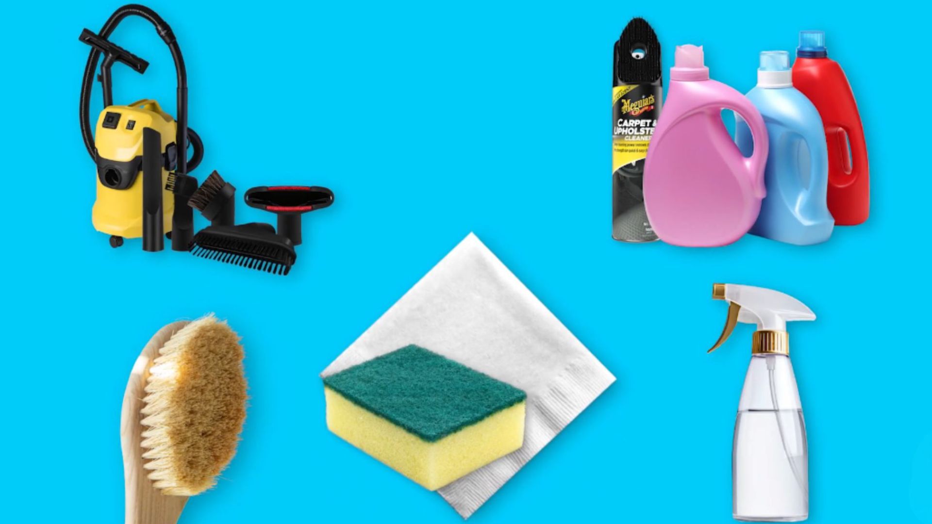 various cleaning tools including vacuum brush sponge cloth spray bottle and detergent containers arranged on a blue background
