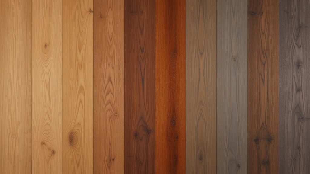 various wood planks arranged side by side showing a range of popular hardwood floor stain colors from light natural to dark gray tones