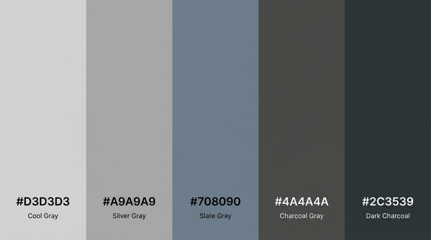 vertical gradient palette of gray tones ranging from light silver to deep charcoal with hex codes and labels beneath each strip