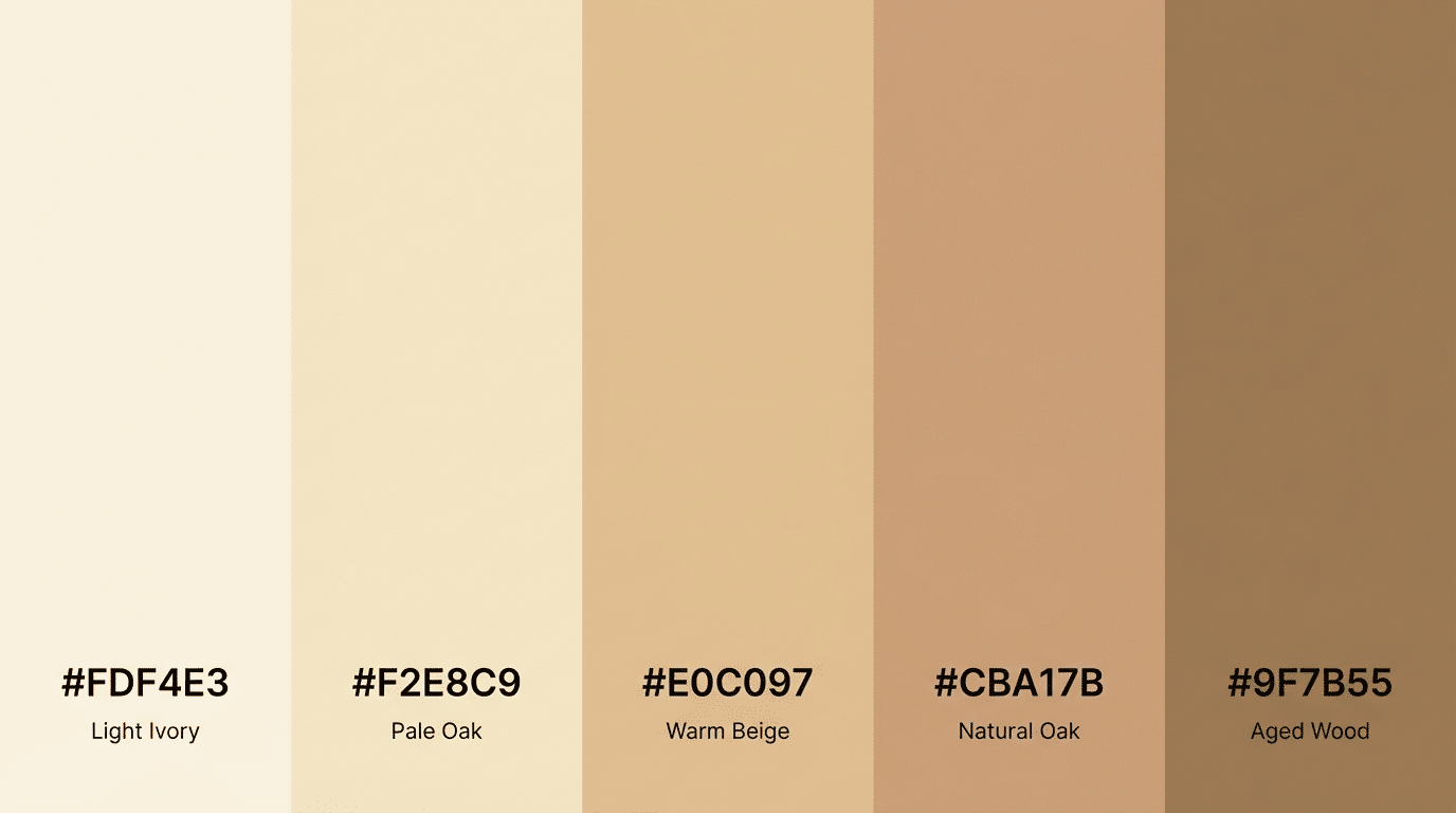 vertical palette of ivory cream taupe and brown tones with hex codes and descriptive labels displayed under each color