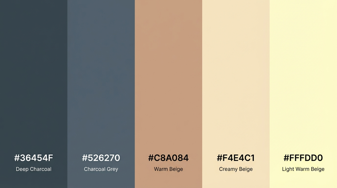 vertical strips of charcoal gray warm beige and cream tones with hex codes labeled under each shade in a neutral palette