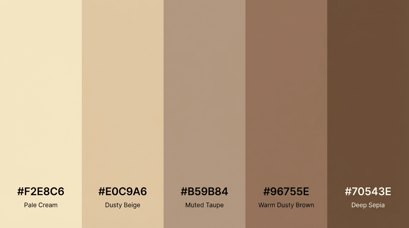 vertical swatches of pale cream dusty beige muted taupe and deep brown tones labeled with hex codes and names below