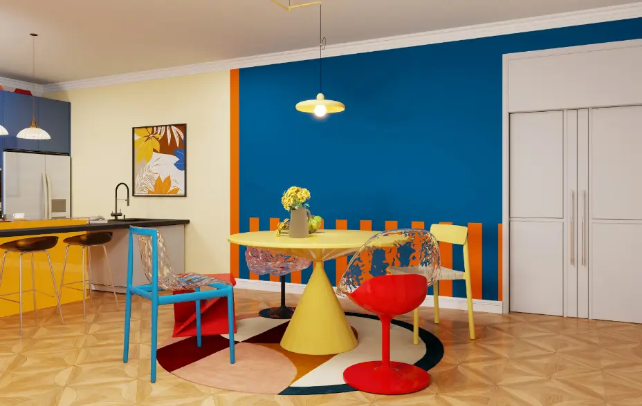 Colorful modern dining area with eclectic chairs and yellow table against blue accent wall