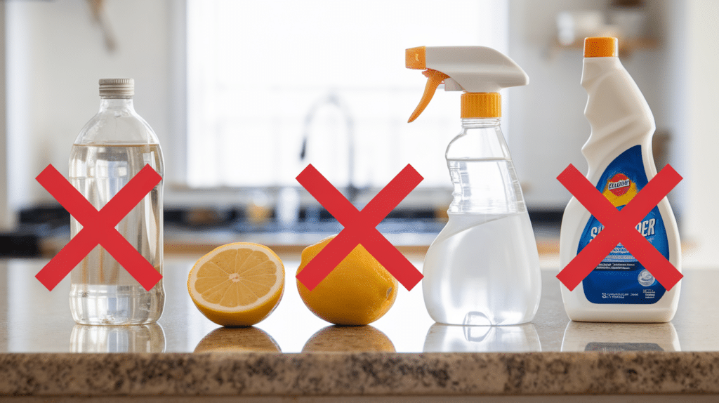 vinegar a lemon bleach and harsh spray cleaners on granite each with a red x showing what not to use on granite