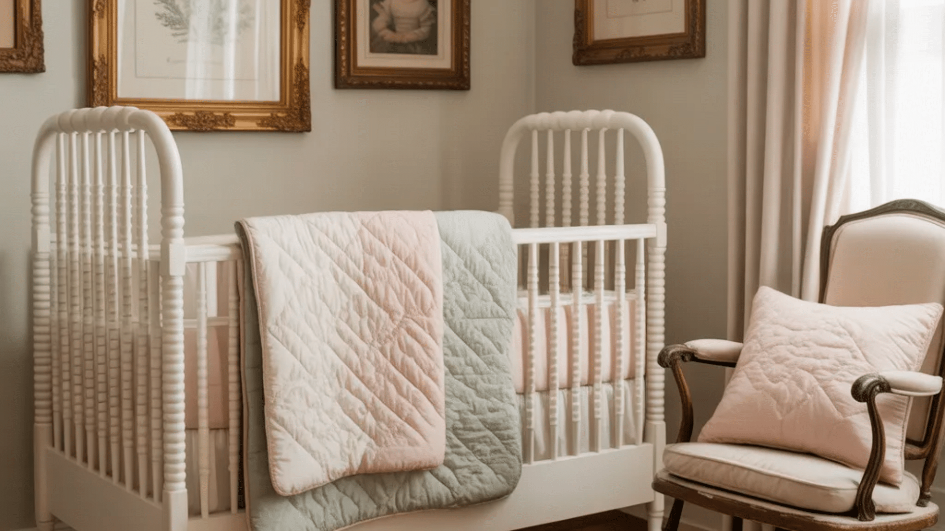 vintage heirloom nursery ideas with classic white crib antique frames
