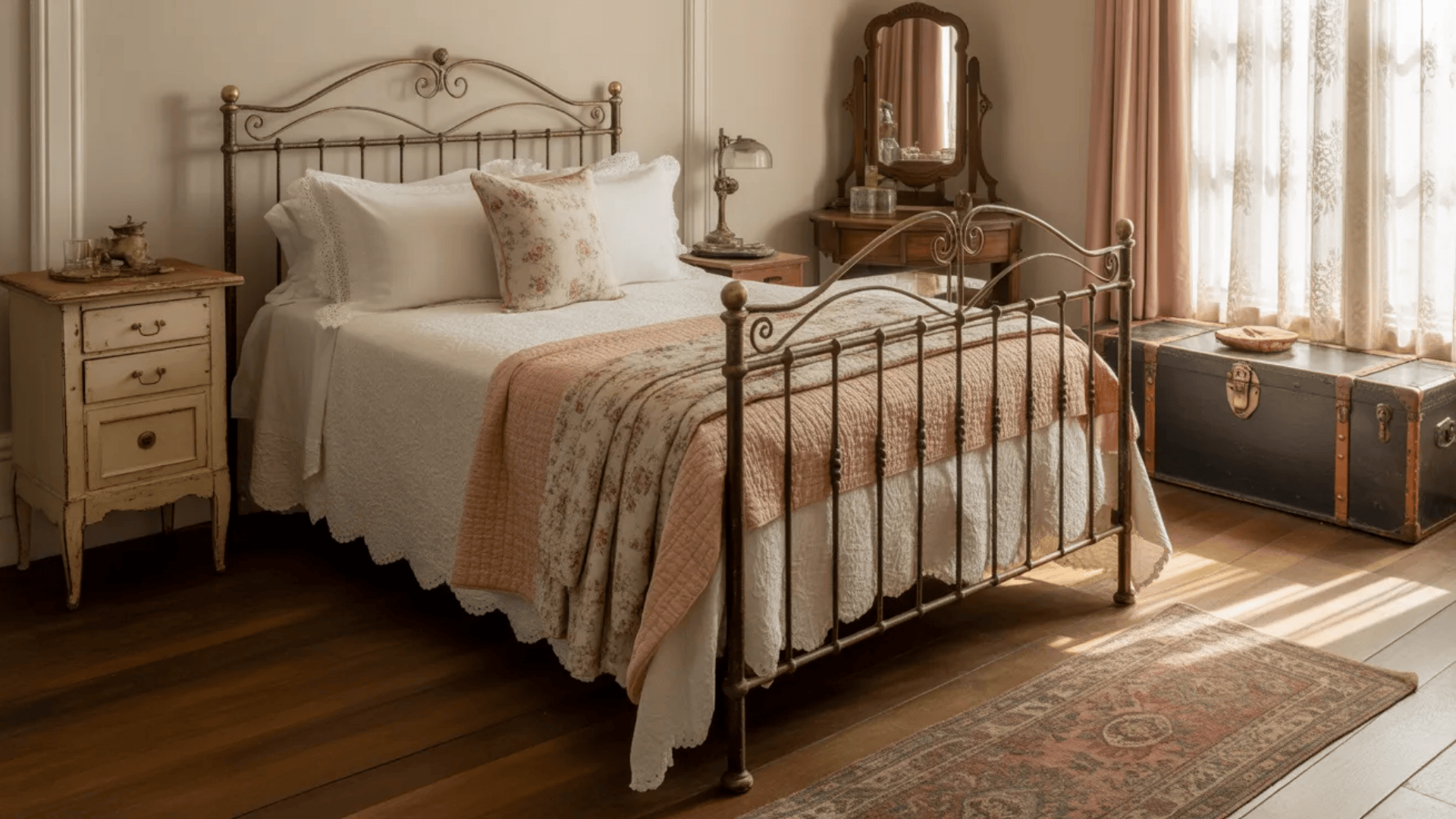 vintage style bedroom with iron bed floral bedding antique dresser and window light creating charming classic spare bedroom ideas for guests