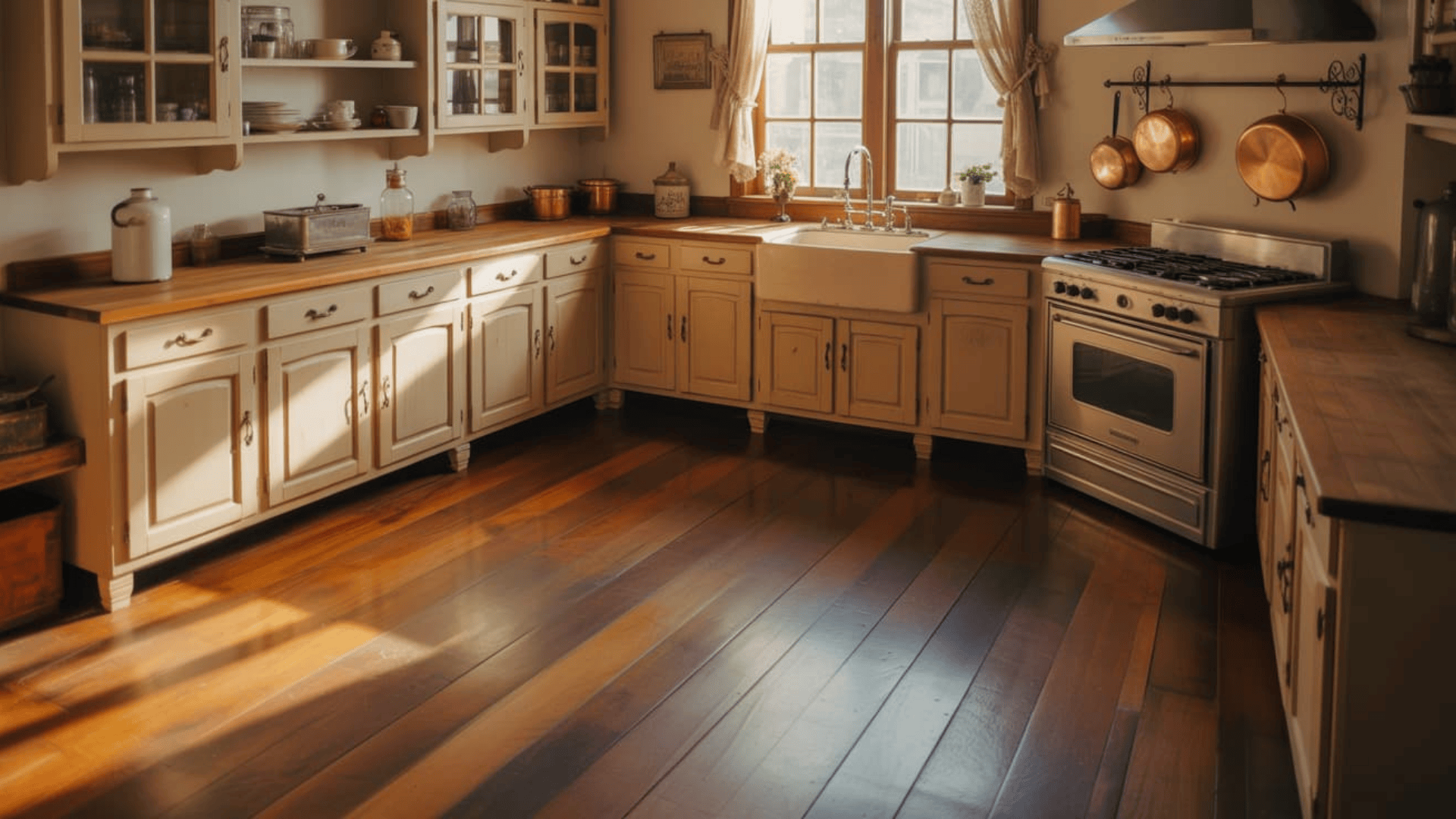 vintage style kitchen with cream cabinets and warm wood floor featuring popular hardwood floor stain colors in rich brown tones