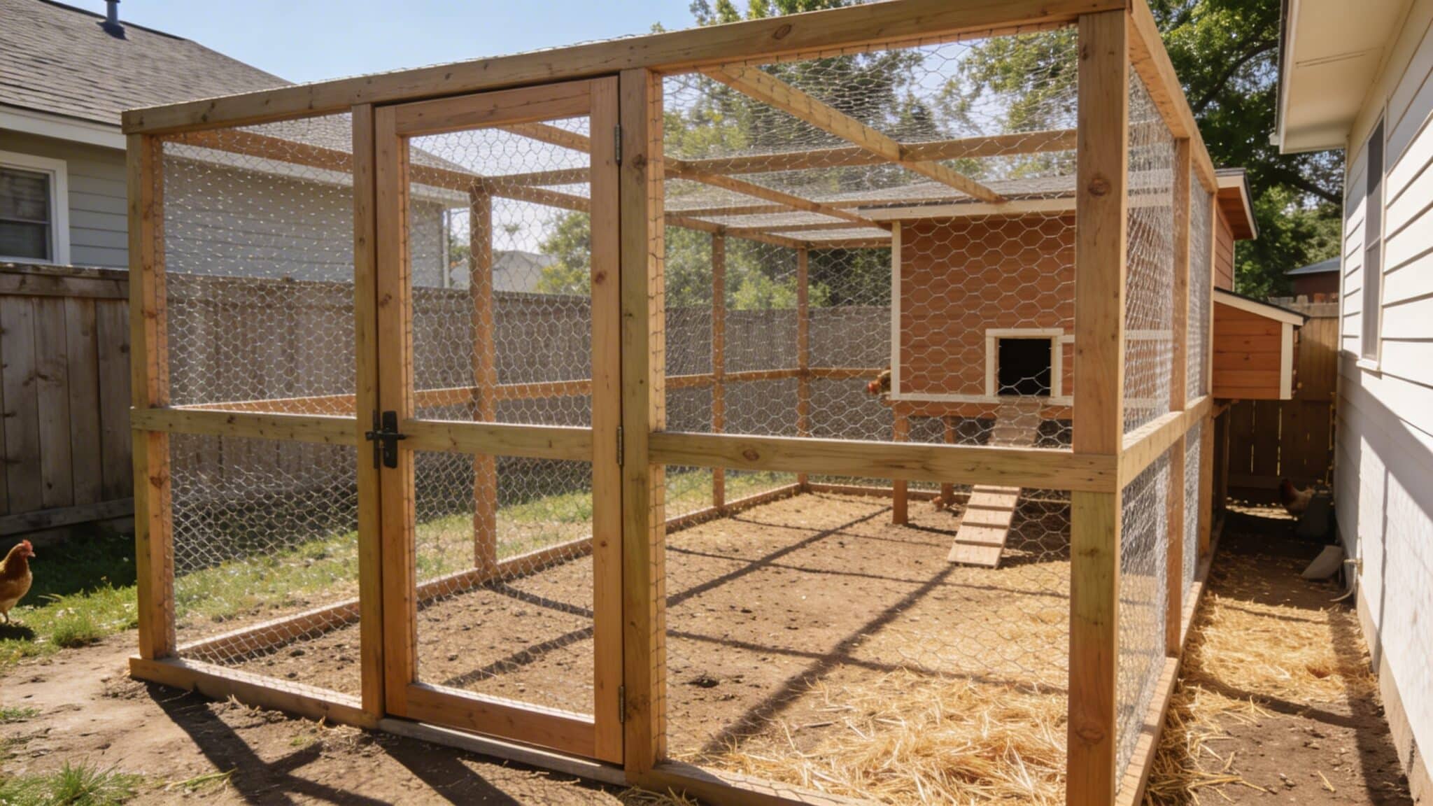 walk in chicken run with tall wooden frame wire mesh enclosure full height door and attached coop in a clean backyard setting