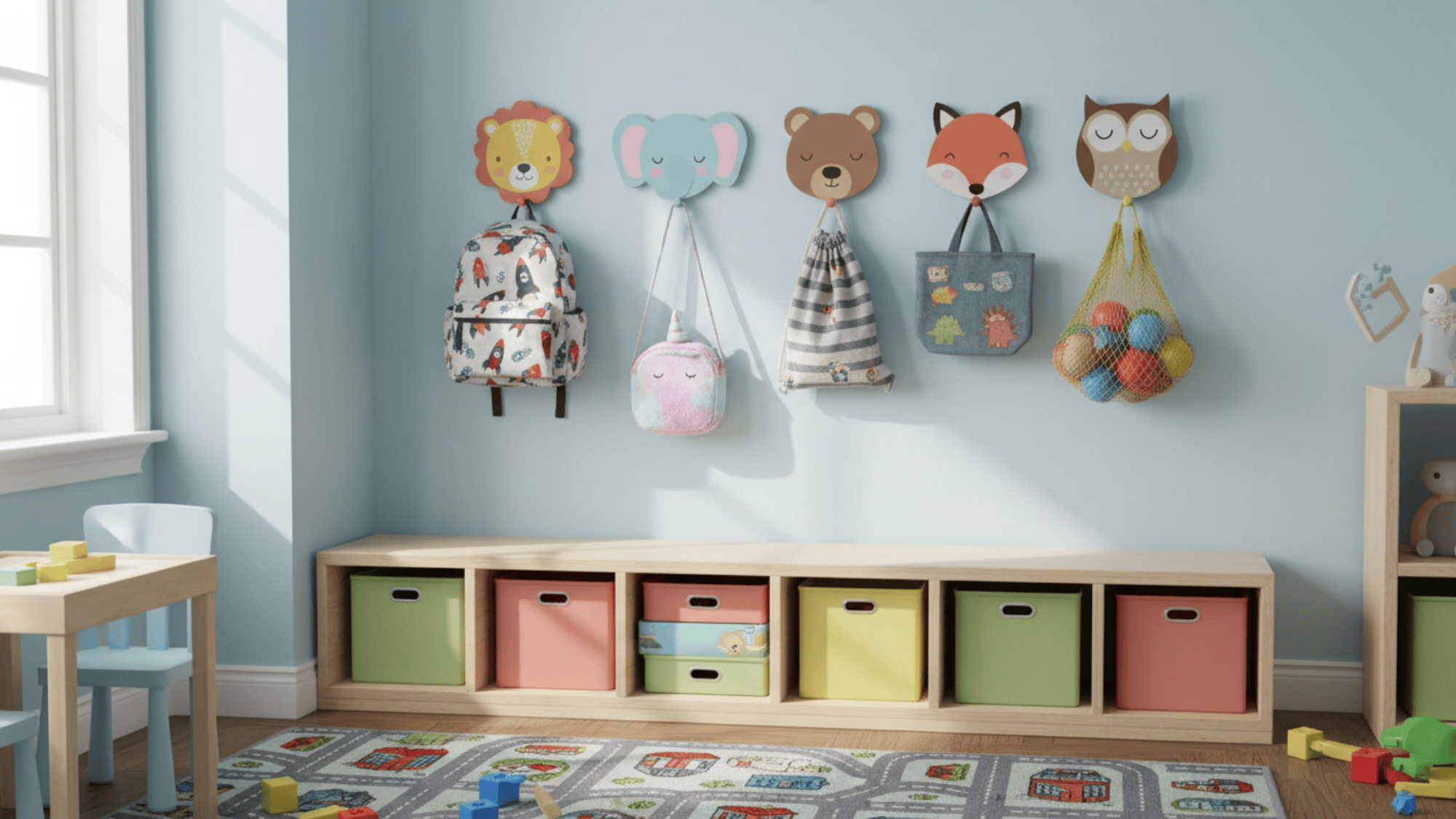 wall hooks for kids bags backpacks and toys in neat and simple playroom storage ideas setup