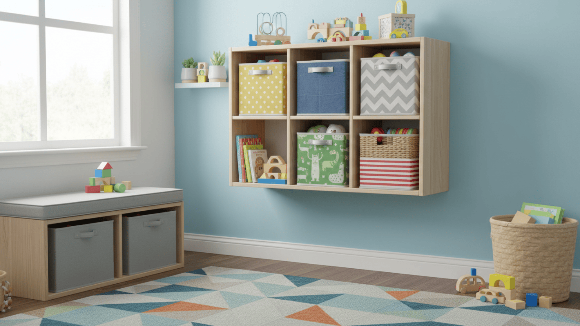 wall mounted cubbies with bins for kids toys books and supplies in neat playroom storage setup