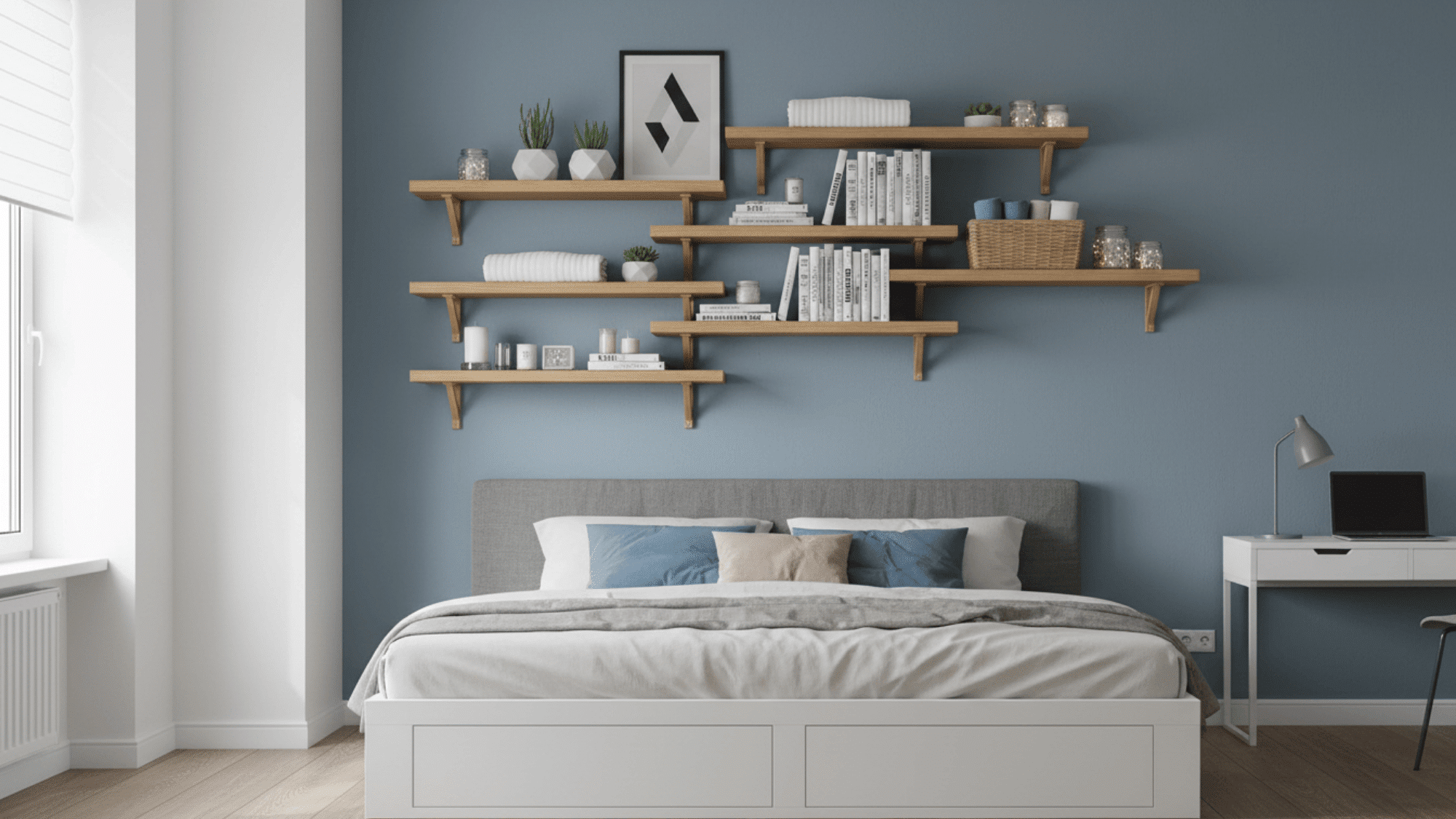 wall shelves with books decor and storage above bed for simple bedroom organization ideas