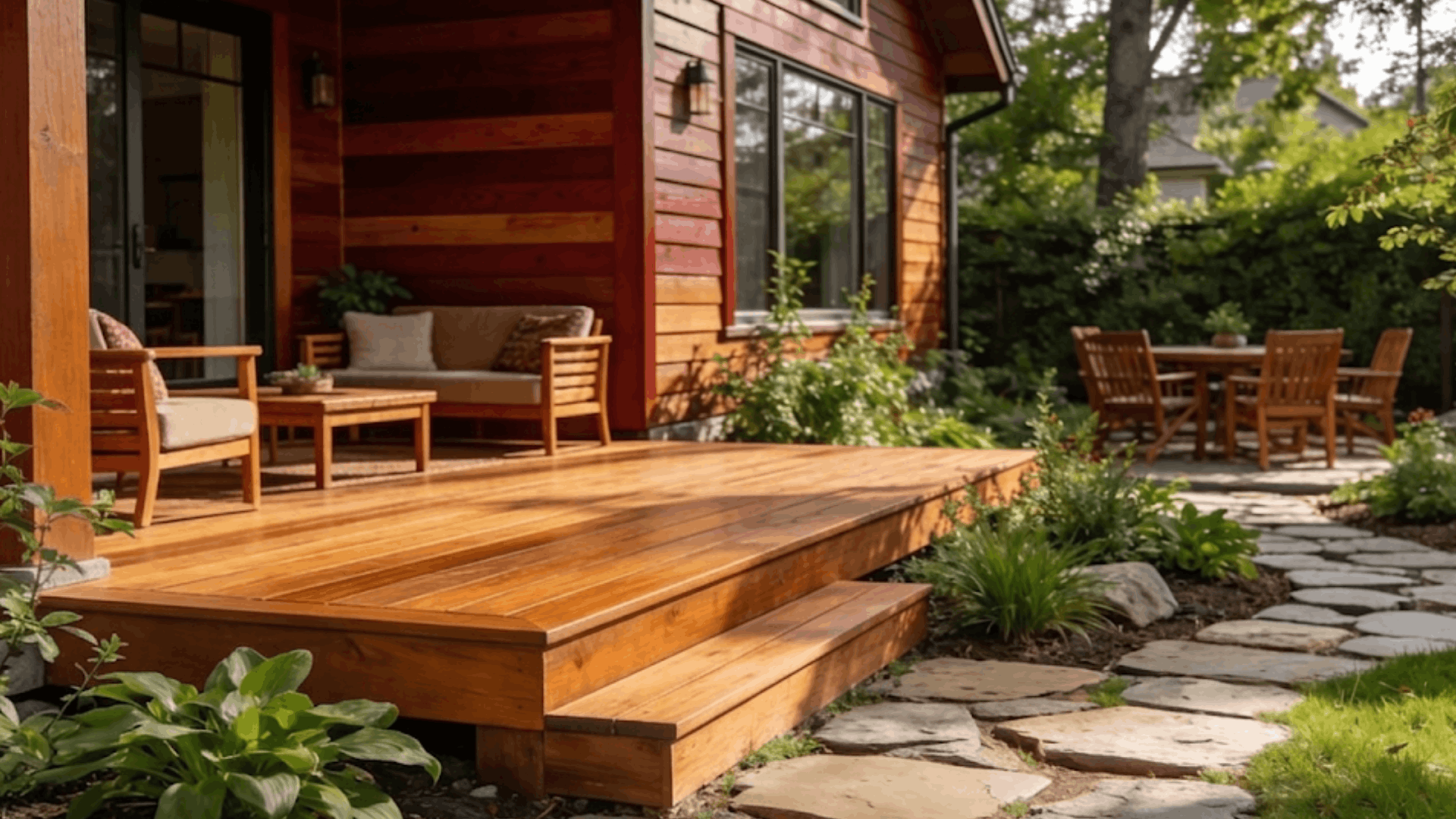warm cedar tone deck with natural wood finish beside stone pathway and greenery (1)