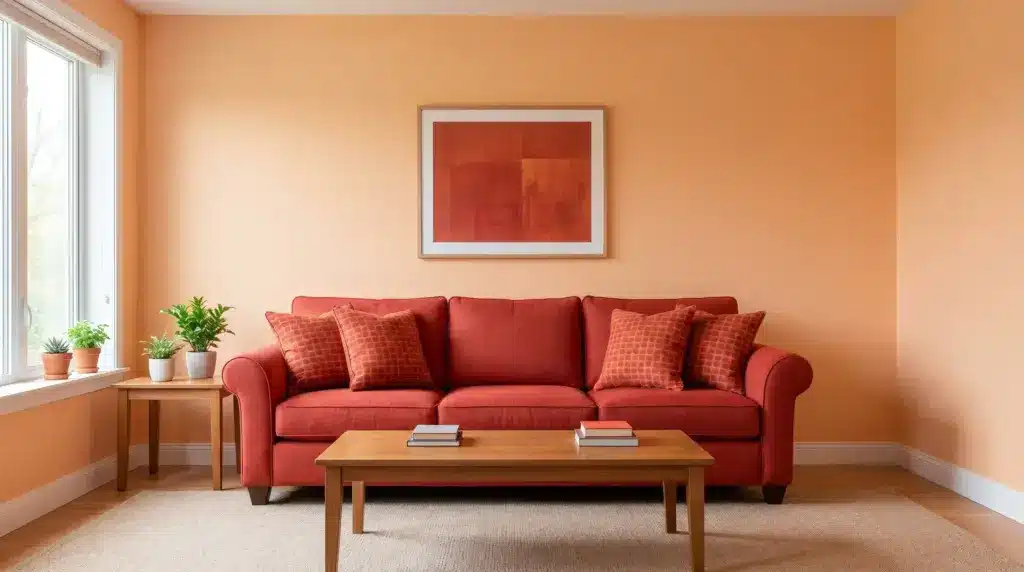 Living room with orange walls, red sofa, red-orange pillows, wall art, wooden table, and beige rug in a warm analogous palette