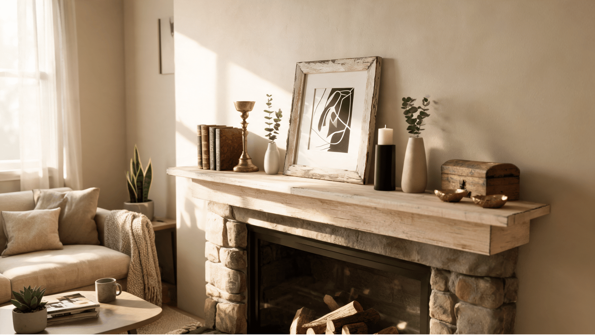 warm cozy living room with stone fireplace rustic mantel soft decor and natural sunlight