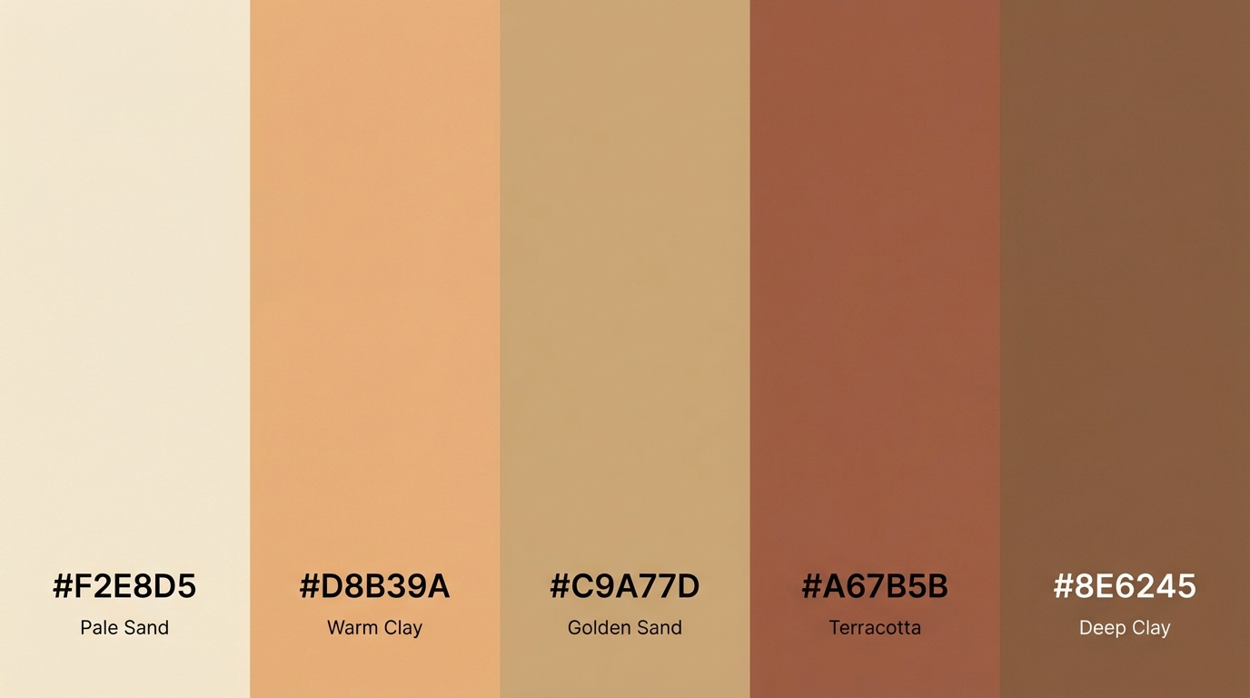 warm earthy palette with sand clay golden sand terracotta and deep clay tones displayed as vertical swatches