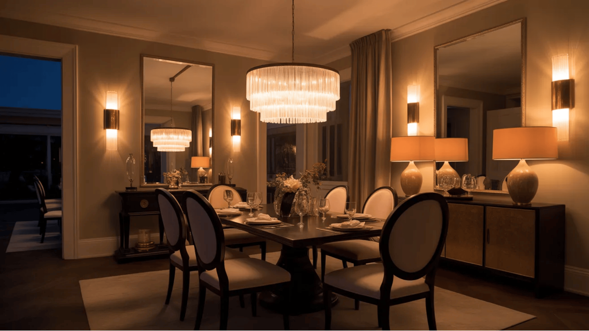 warm evening lighting with chandelier table lamps and elegant chairs creating a cozy atmosphere in a transitional dining room