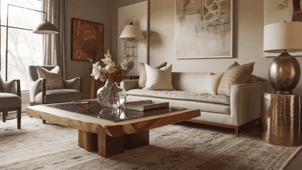 warm living room with wood coffee table neutral sofa decor art soft lighting cozy feel