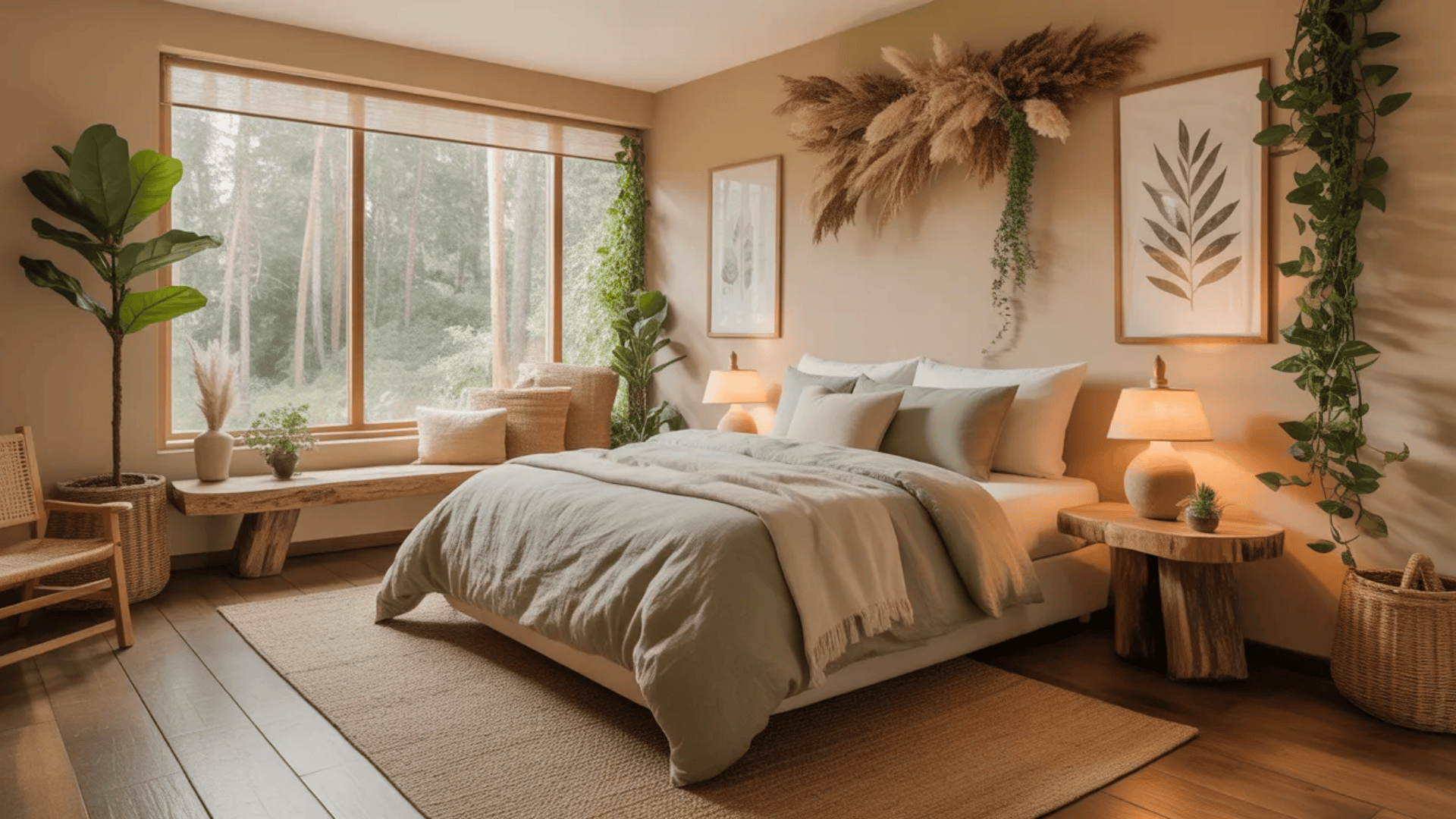 warm nature inspired bedroom with plants wooden furniture soft lighting and large window view showing calming spa like spare bedroom ideas for guests