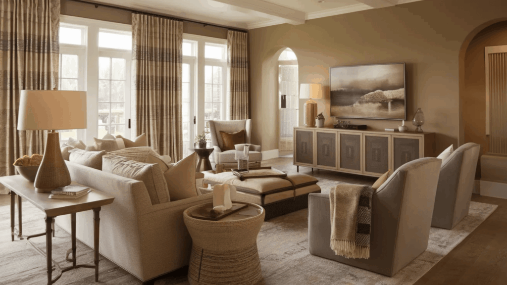 warm neutral living room with sofas armchairs soft curtains wood cabinet cozy elegant style