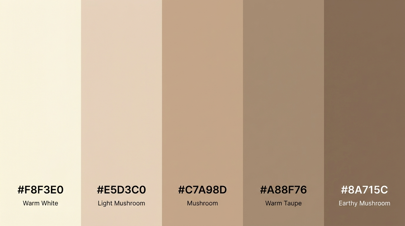 warm neutral palette with ivory mushroom taupe and earthy brown shades shown as vertical swatches with hex codes