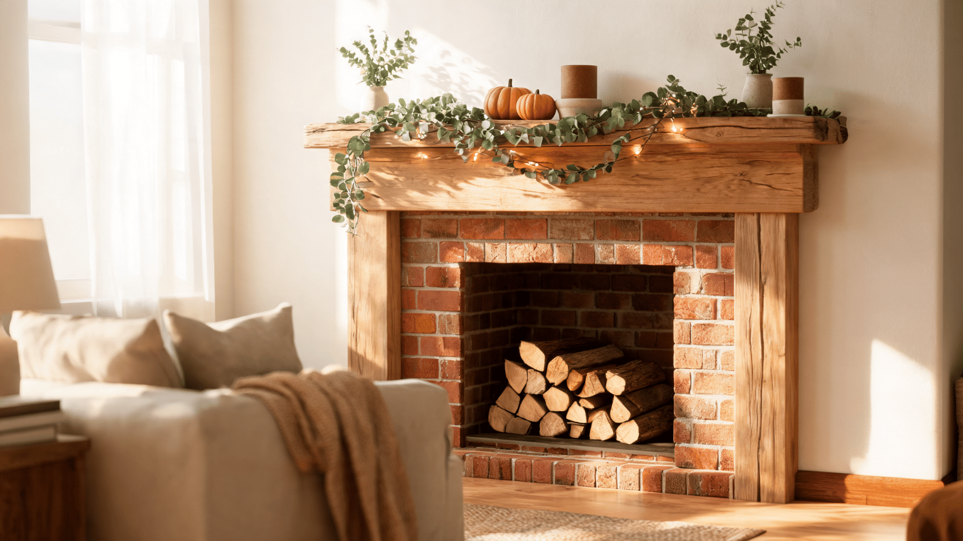 warm rustic living room with brick fireplace wooden mantel pumpkins and soft autumn decor