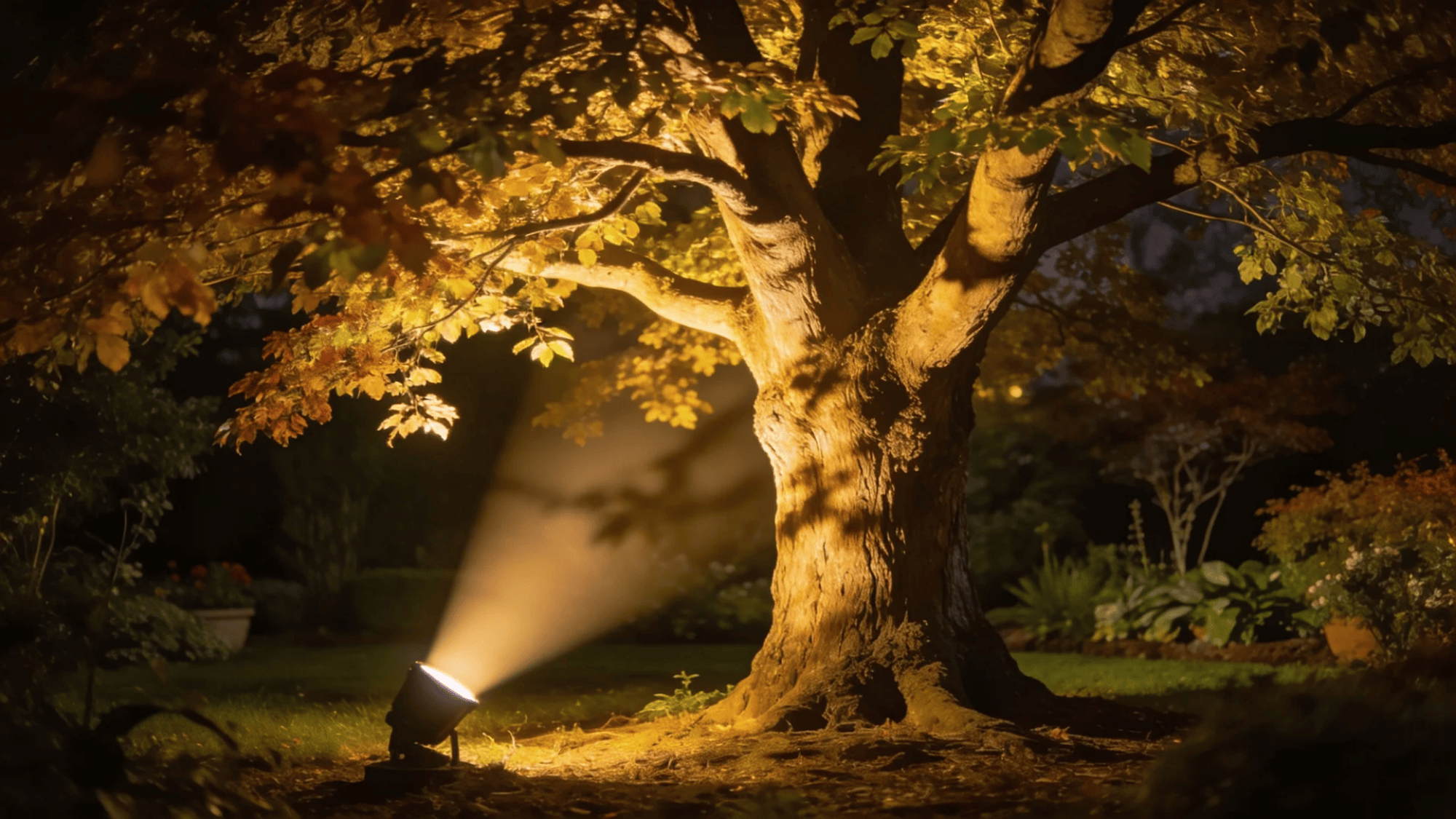 warm spotlight shining on large tree highlighting branches and leaves in dark garden