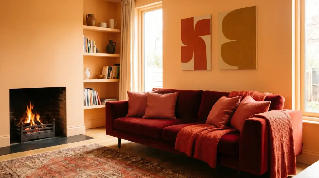 Orange and red living room with warm tone analogous color scheme across walls, sofa, and decor.