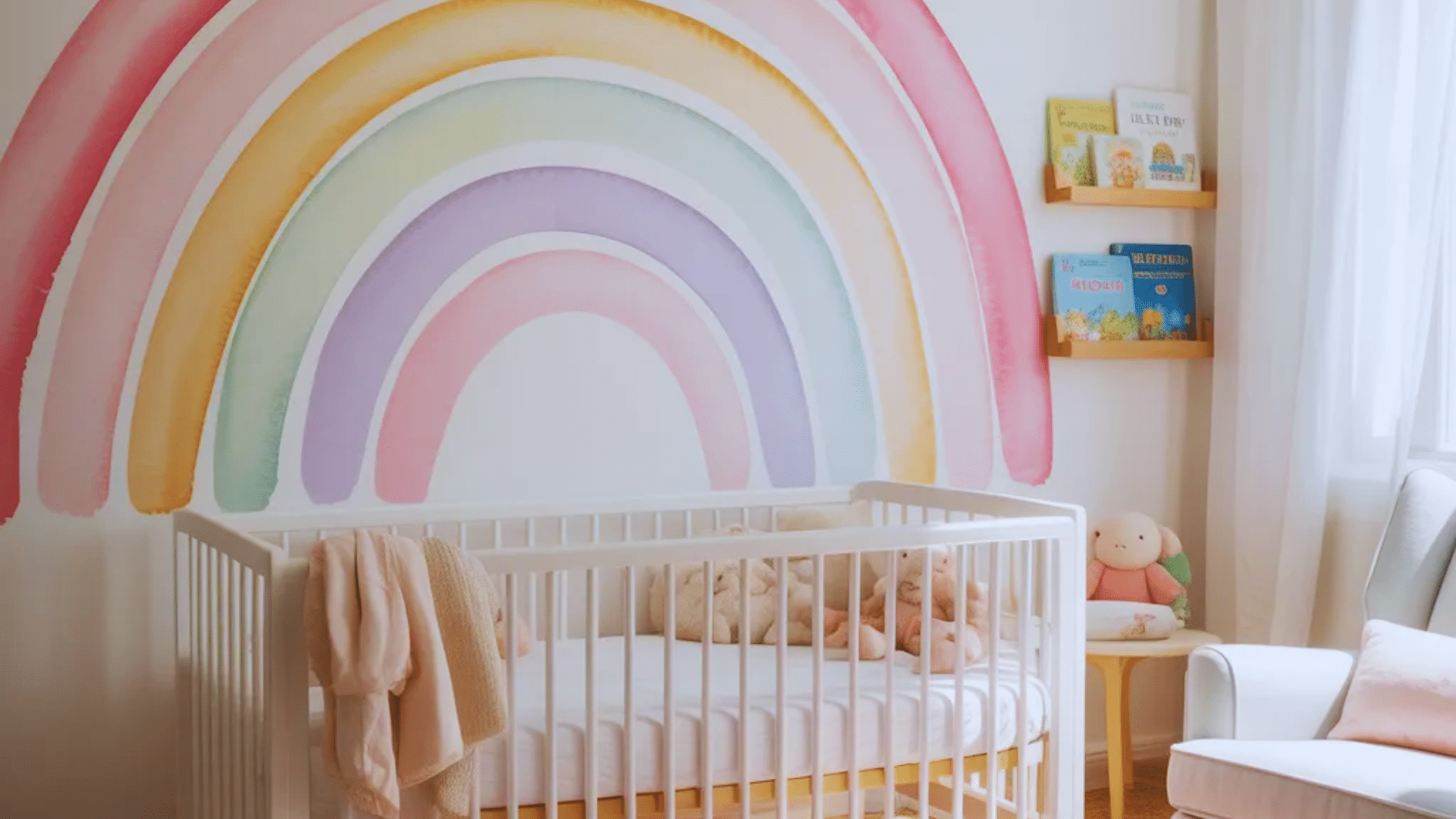 watercolor rainbow nursery ideas with pastel rainbow wall mural white crib