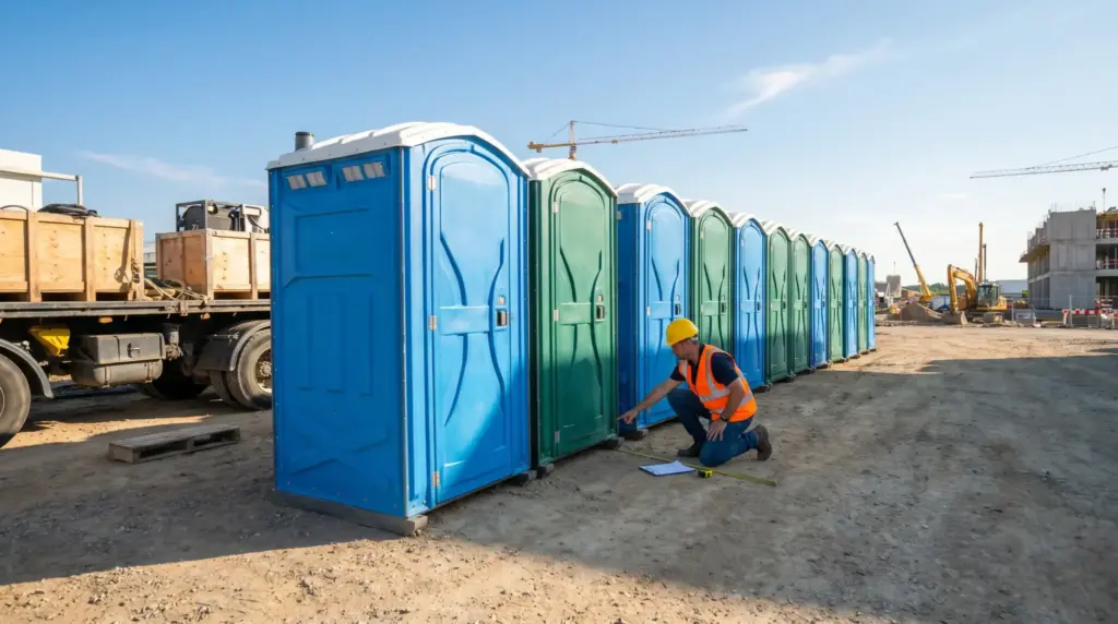 Construction worker inspecting portable toilets on a dusty construction site with machinery in background