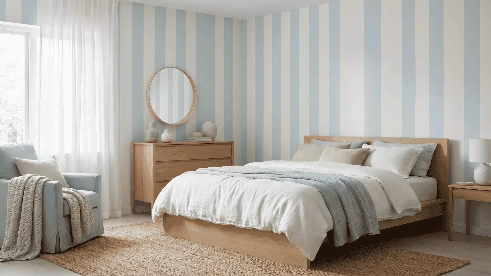 Bedroom with white and pale blue walls, light furniture, linen bedding, soft fabrics, and simple decor from corner perspective