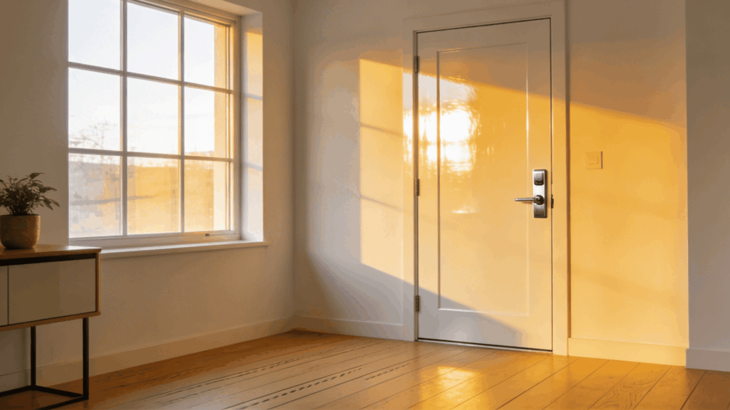 white interior door with sunlight through window highlighting wall and floor showing best paint for interior doors
