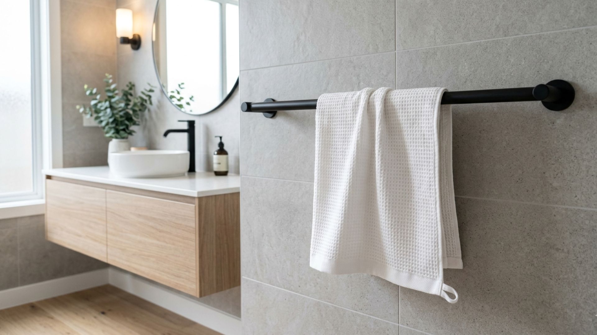 white waffle towel hanging on a black bar in a modern bathroom with wooden vanity round mirror plant and soft natural light