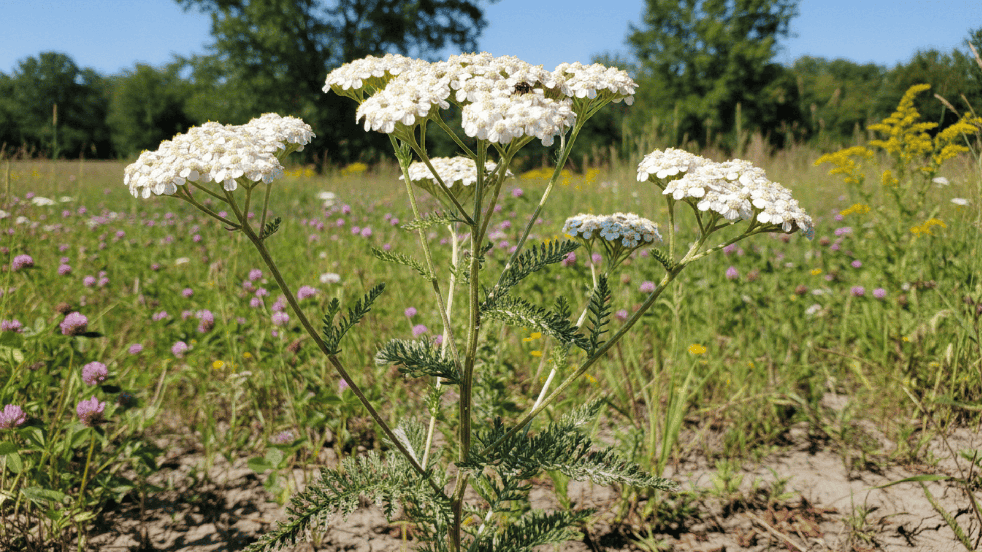 white wildflower clusters growing in meadow with green grass and trees under clear blue sky