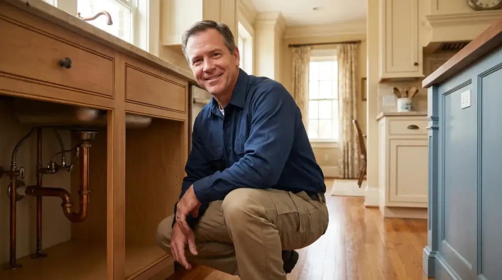 Man kneeling next to open kitchen cabinet with visible plumbing pipes