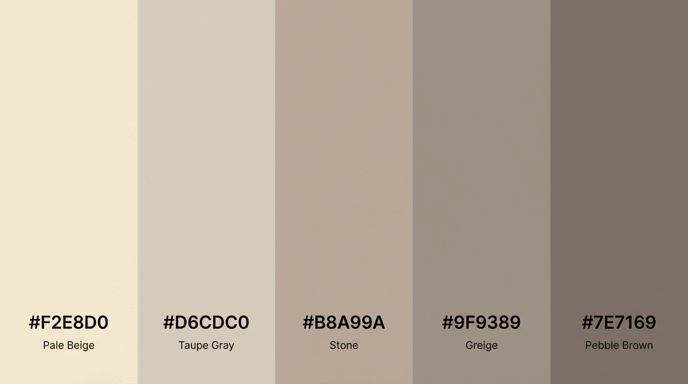 wide palette of beige gray and taupe shades arranged horizontally with hex codes and names displayed beneath each color block