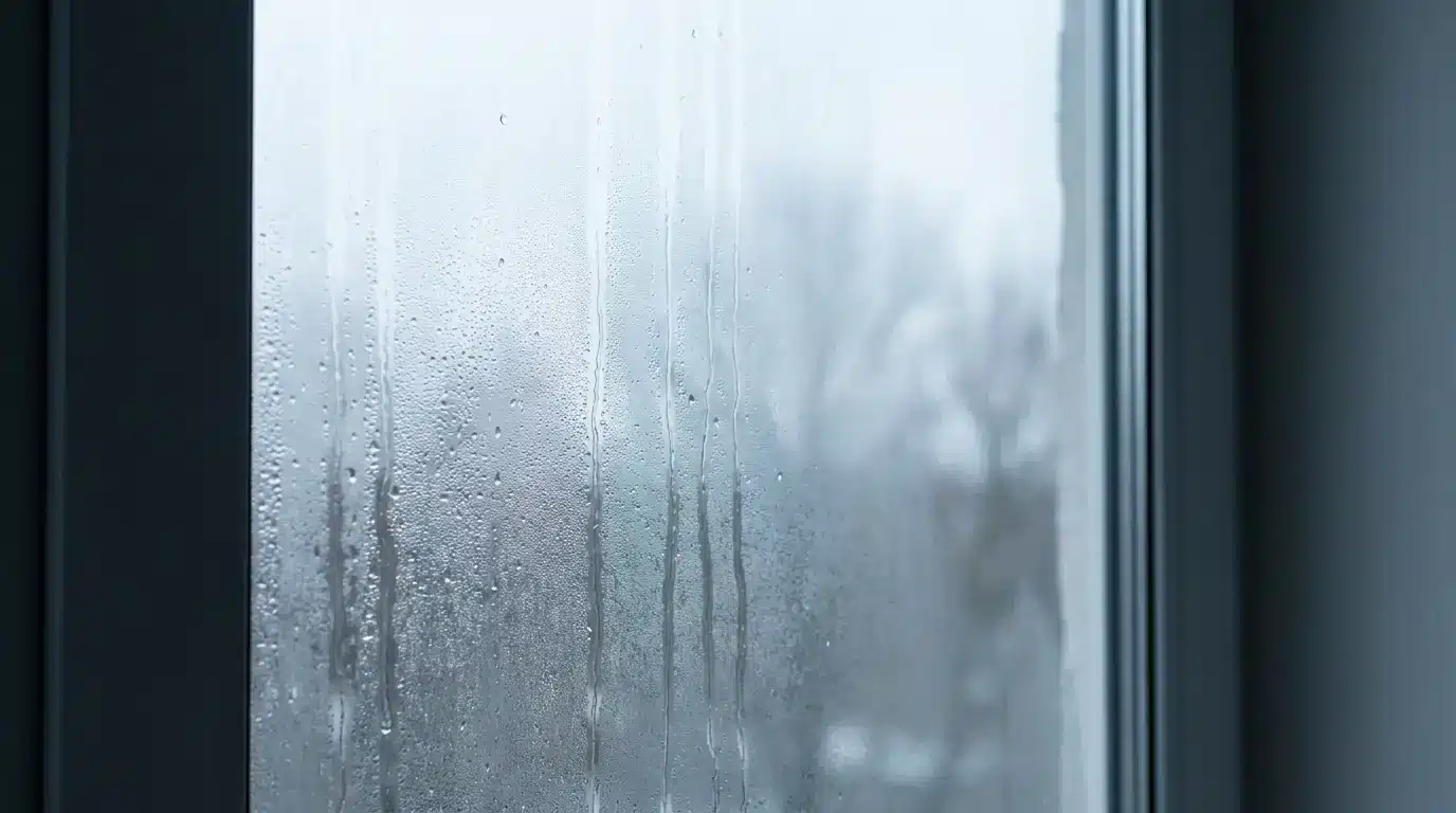 Condensation on glass window with blurred wintry landscape visible outside