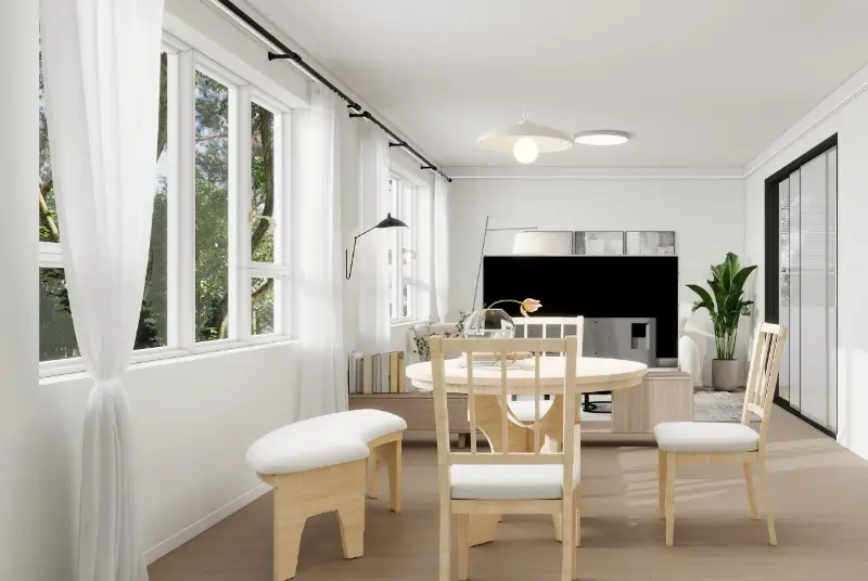 Modern dining room with wooden table and chairs next to large windows and white curtains