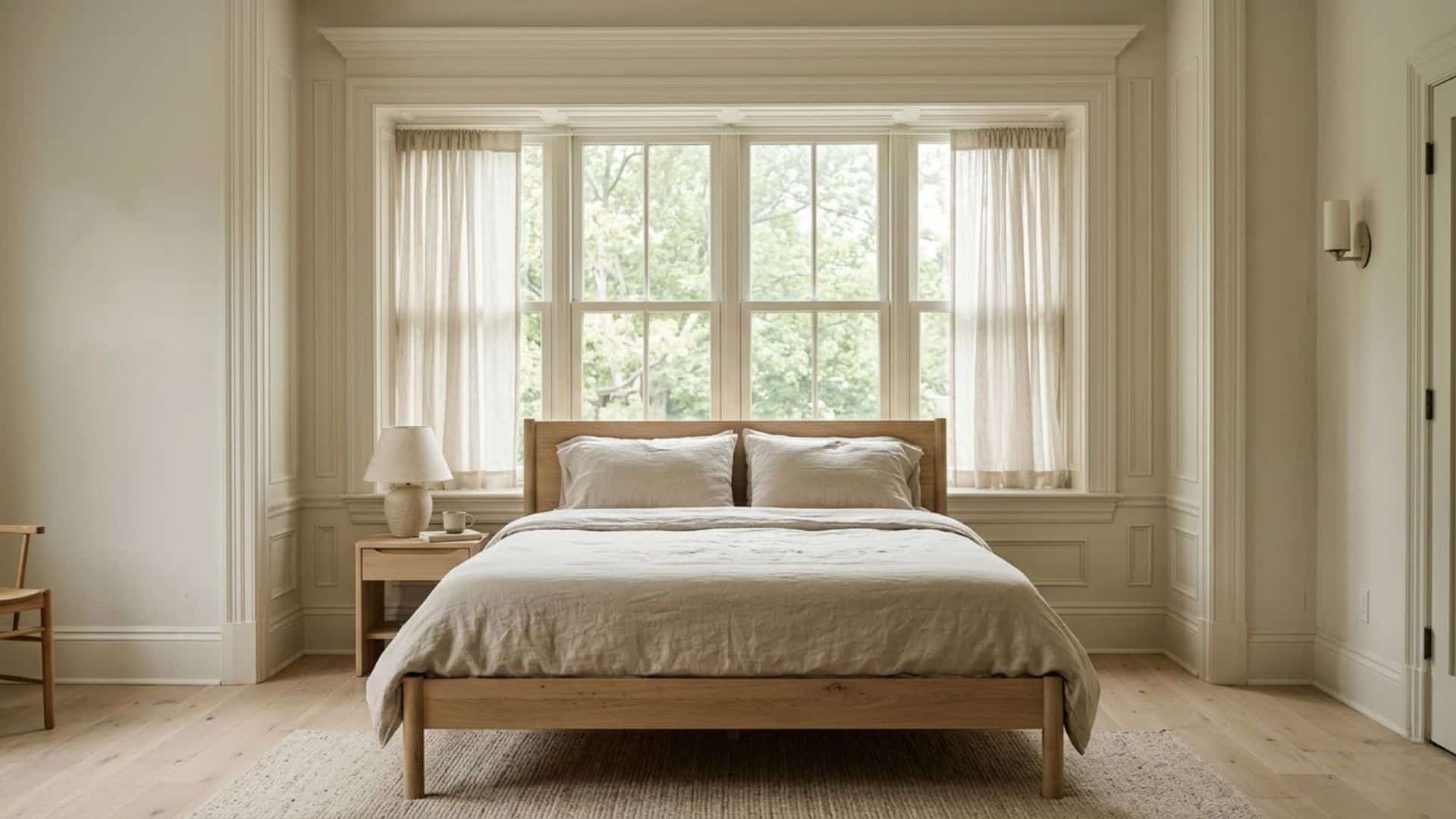 window trim molding behind bed with neutral decor soft light balanced bedroom design feature ideas